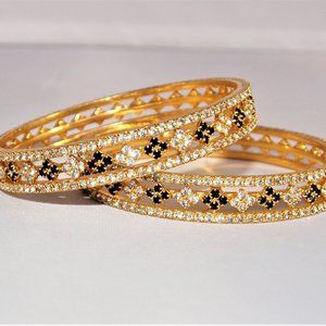 Gold-tone Rhinestone Bangle Bracelet Set (2)